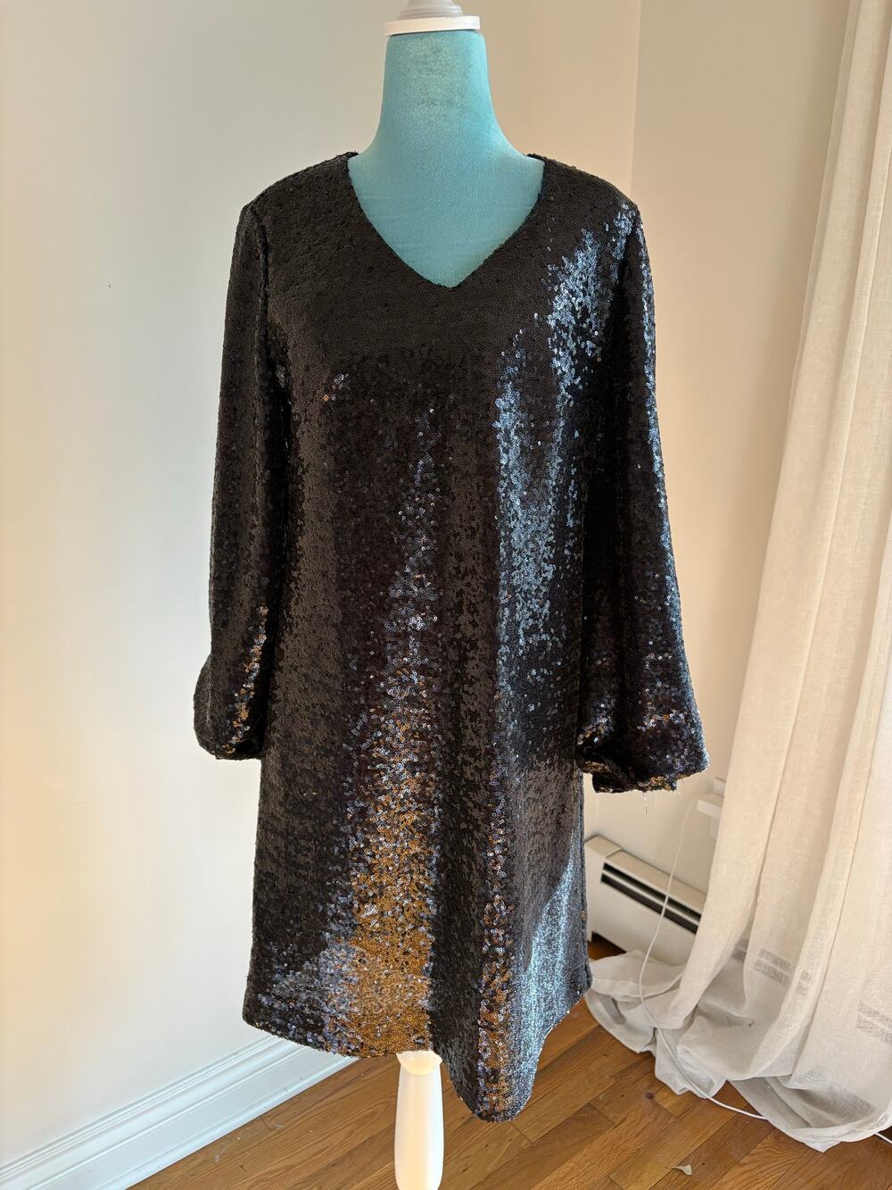 Black Sequin Long Sleeve Shift Dress Mini Party Glam Liquid Minimalist Tyler boe